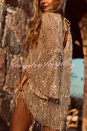Flowing Shimmer Sequin Tassel Fabric Bell Sleeve Back Tie-up Loose Mini Dress