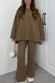 Solid Color Loose Long-sleeved Knit Top and Elastic Waist Casual Straight Leg Pants Set