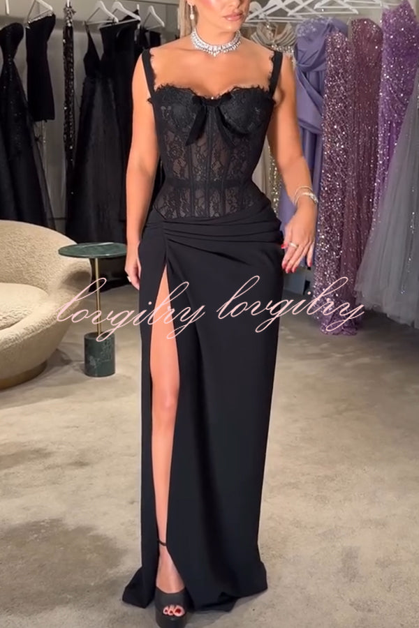 Sexy Grace Magic Lace Corset Bow Design Ruched Hip Slit Maxi Dress