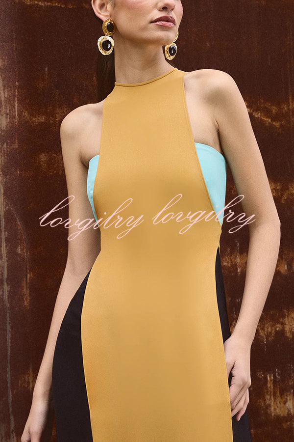 Fashionable Contrast Color Stitching Sleeveless Slim Maxi Dress