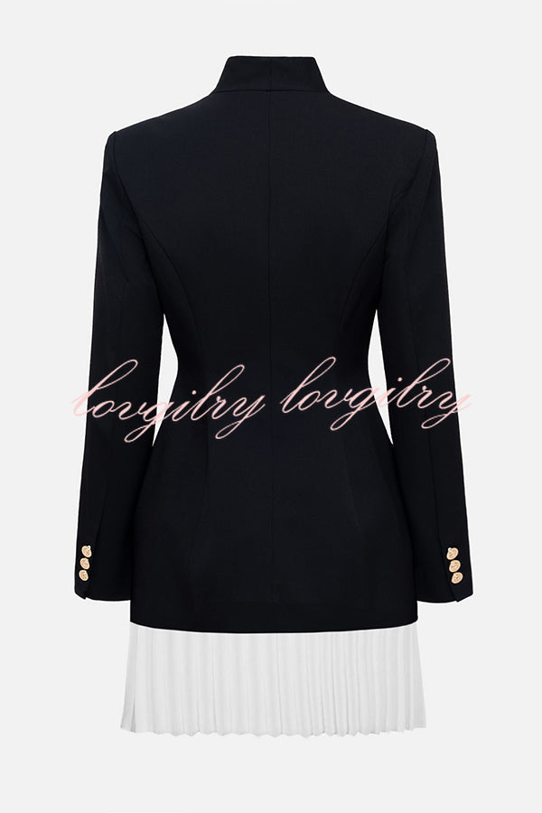 Fashionable Contrast Color Elegant Long Sleeve Pleated Suit Mini Dress