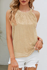 The Best Sequin Crew Neck Cutout Button Off Shoulder Top