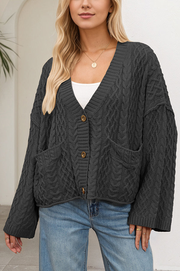 Solid Color Loose V-neck Long-sleeved Casual Pocket Knitted Cardigan
