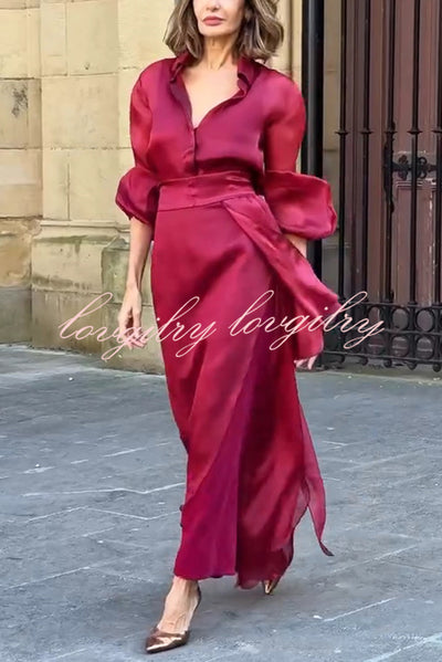 Lily Chiffon Bow Detail Puff Sleeve Blouse and Elegant Layered Maxi Skirt Set