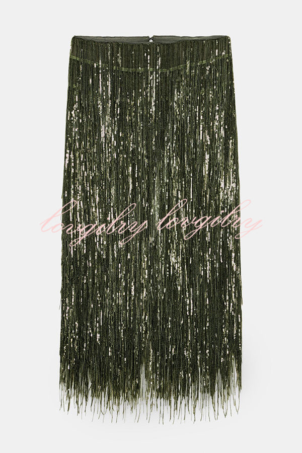 Party Crasher Layered Sequined Tassels High Rise Back Zipper Midi Skirt