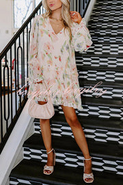 Striking Pleated Floral Print V Neck Ruffle Paneled Long Sleeve Mini Dress