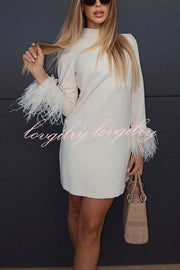 Unforgettable Date Feather Trim Long Sleeve H-line Mini Dress