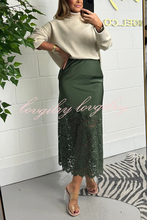 It's Your Night Solid Satin Lace Hem Midi Skirt