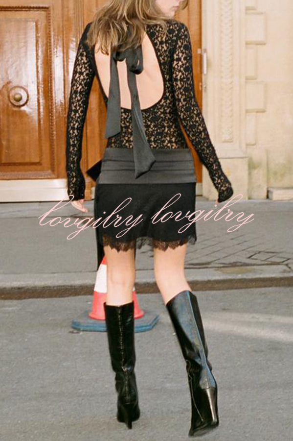 Anna Semi-sheer Lace Long Sleeve Back Bow Tie-up Cutout Stretch Bodysuit