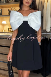 Eye-catching Satin Bow Applique Diamond Strap Contrast Pocketed Mini Dress