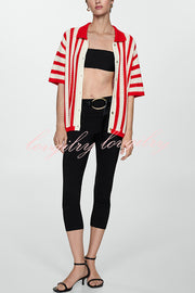 Fashionable Red and White Contrast Lapel Short-sleeved Knitted Top