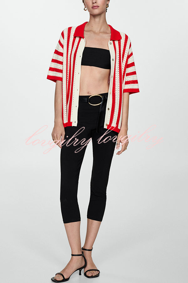 Fashionable Red and White Contrast Lapel Short-sleeved Knitted Top