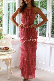 Feel Chic and Romantic Sequin Textured Material Back Elastic Halter Tie Tank and Drawstring Waist Tiered Maxi Skirt Set