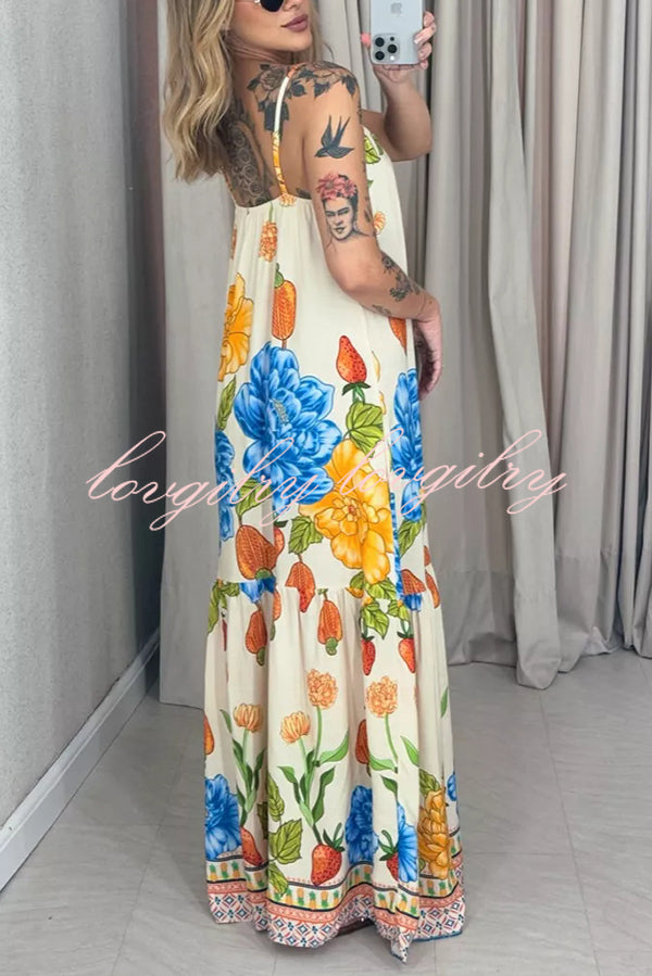 Floral Print Halter Back Loose Pocket Full Hem Maxi Dress