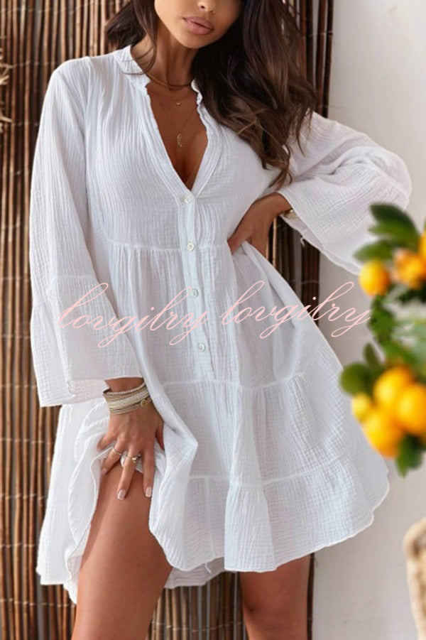 Linen Blend Solid V-Neck Bell Sleeve Casual Mini Dress
