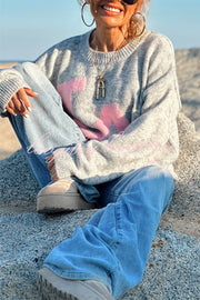Letter Pattern Crew Neck Long Sleeve Loose Knit Sweater
