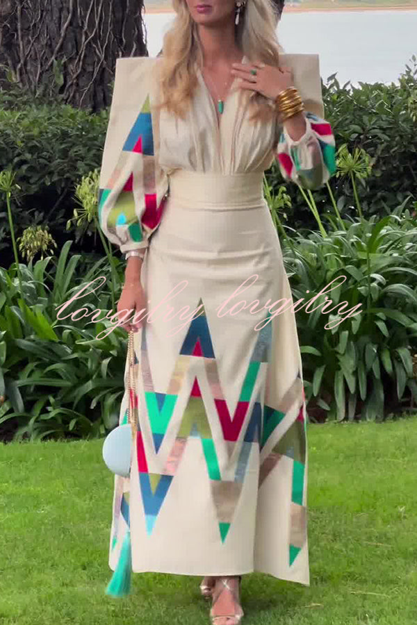 Highest Elegance Colorful Triangle Print Padded Shoulder Blouse and High Rise Maxi Skirt Set