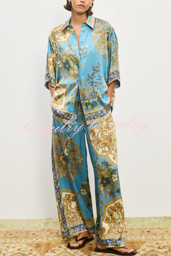 Satin Floral Print Loose Shirt and Elastic Waist Pocket Casual Wide-leg Pants