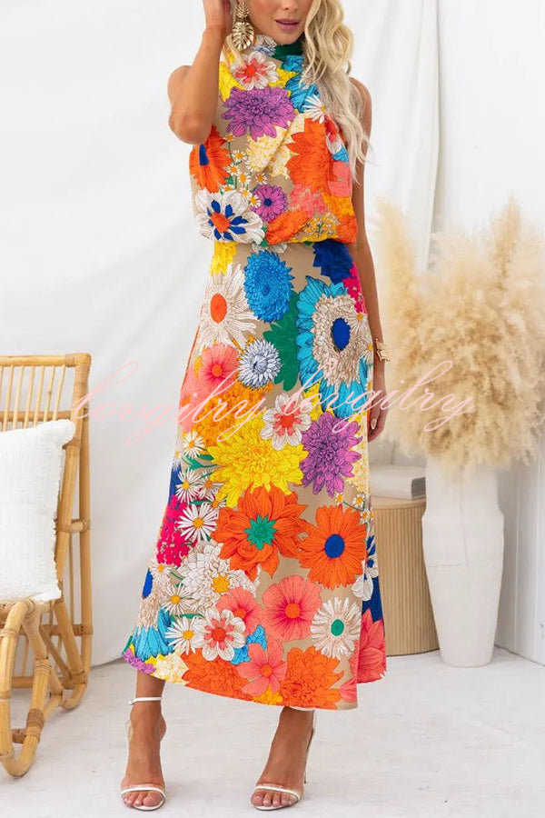 Land of Beauty Floral Print Halter Neck Elastic Waist Party Maxi Dress