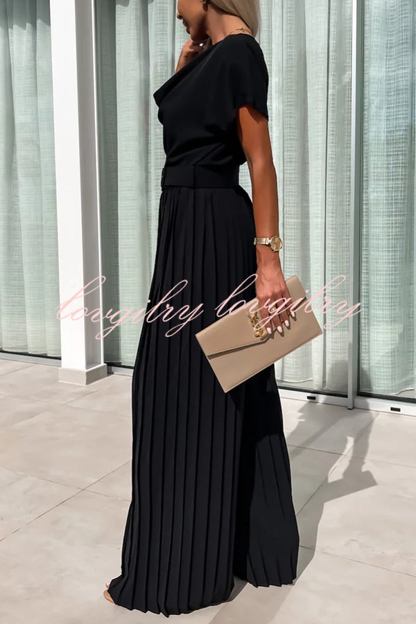 Ivy Cowl Neck Short Sleeve Belt Pleated Loose Wide Leg Jumpsuit