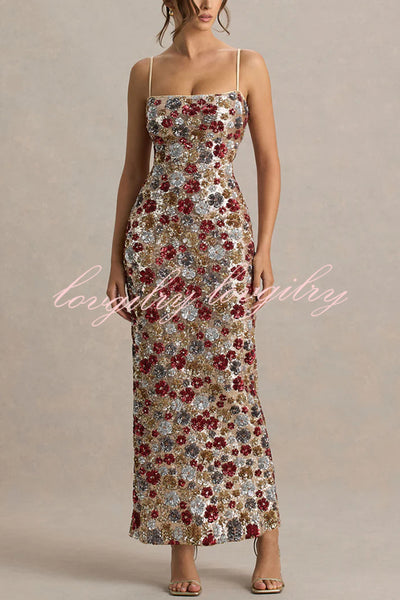 The Center of Attention Floral Print Sequin Square Neck Slip Stretch Maxi Dress