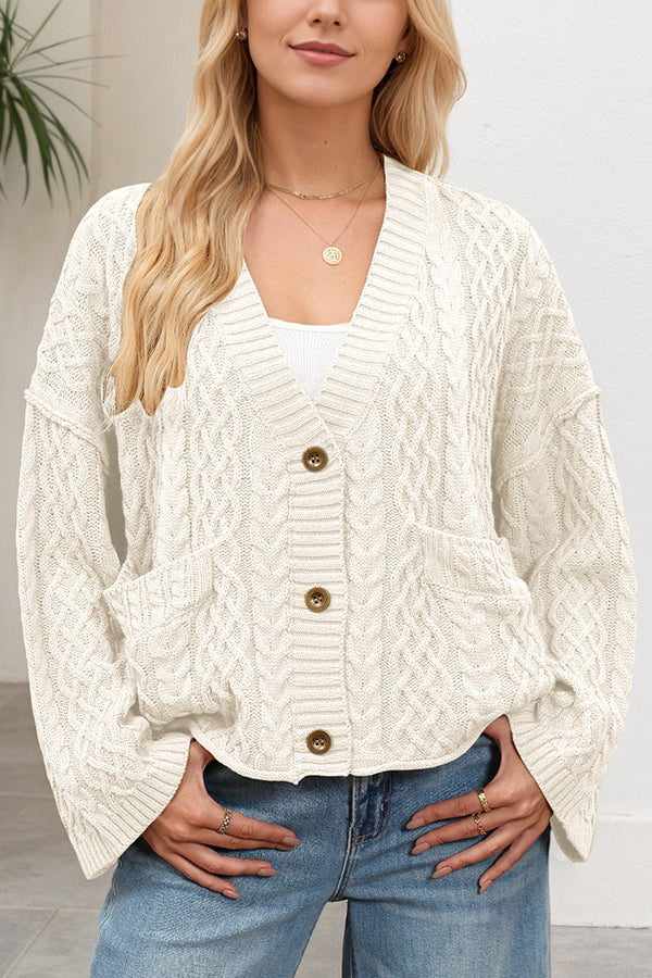 Solid Color Loose V-neck Long-sleeved Casual Pocket Knitted Cardigan