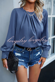 Elegant Round Neck Pleated Long Sleeve Solid Color Top