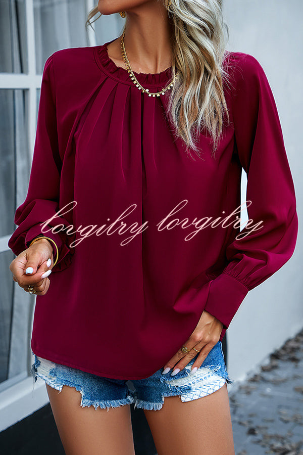 Elegant Round Neck Pleated Long Sleeve Solid Color Top