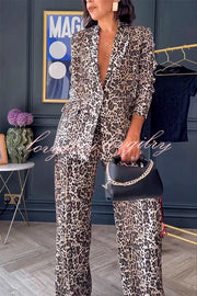 Wild Lifestyle Leopard Print Lapel Blazer and Elastic Waist Pocketed Wide Leg Pants Set