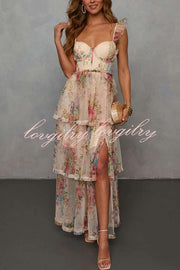 Romantic and Elegant Mesh Floral Back Smocked Tiered Ruffle Maxi Dress