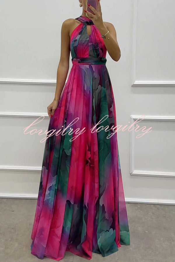 Elaine Tulle Floral Splash Print Cutout Halter Tie-up Neck Gown Maxi Dress