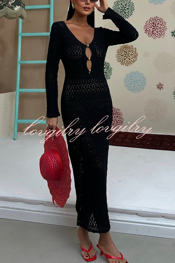 Fashion V-neck Long-sleeved Hollow Slim Maxi Dress