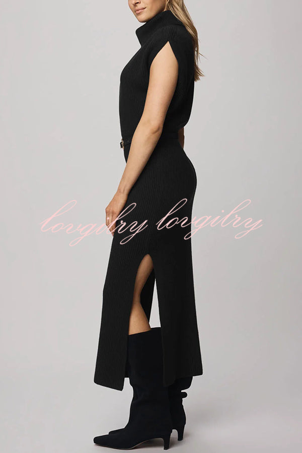 Solid Color Sleeveless Knitted Elegant Waist Midi Dress