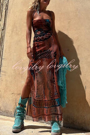 Gypsy Style Unique Print Cowl Neck Back Lace-up Slit Midi Dress