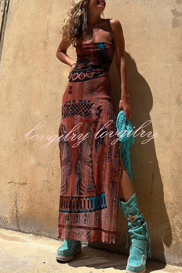 Gypsy Style Unique Print Cowl Neck Back Lace-up Slit Midi Dress