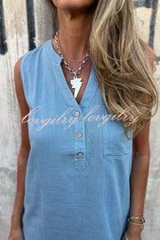 Solid Color Sleeveless V-neck Casual Pocket Mini Dress