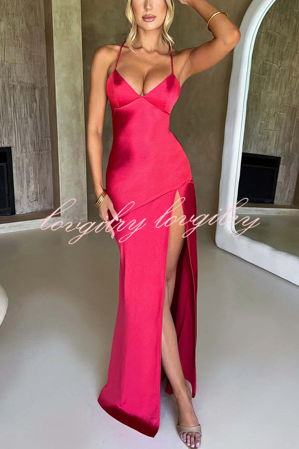 Satin Solid Color Sexy Backless Lace Up High Slit Maxi Dress