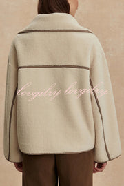 Romane Faux Fleece Fabric Contrast Trim Long Sleeve Knitted Pocket Lapel Loose Jacket