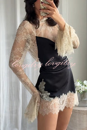 Gothic Romantic Lace Satin Patchwork High Neck Bell Sleeve Loose Mini Dress