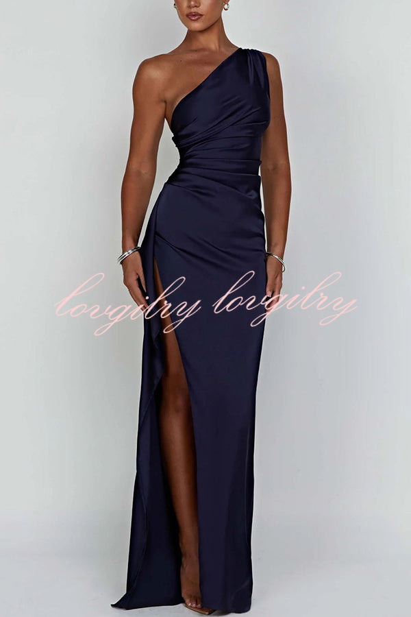 Fits Your Curves Satin One Shoulder Drape Slit Maxi Dress