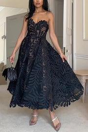 Elegant Openwork Lace Strapless Full-hem Midi Dress