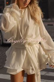 Solid Color Long Sleeve V-Neck Lace-Up Elegant Flower Decorated Mini Dress