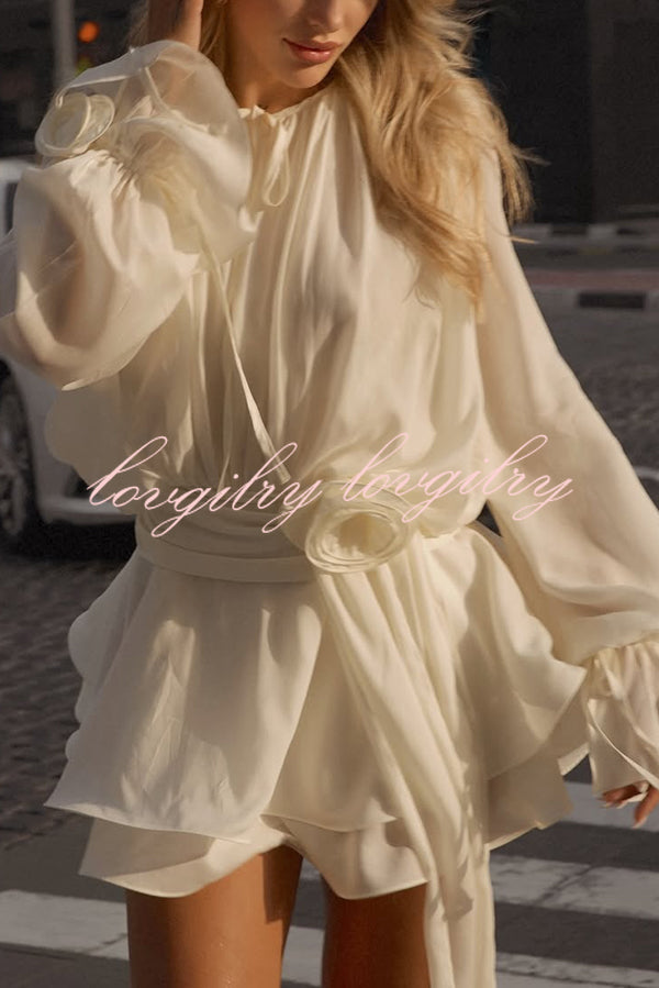 Solid Color Long Sleeve V-Neck Lace-Up Elegant Flower Decorated Mini Dress