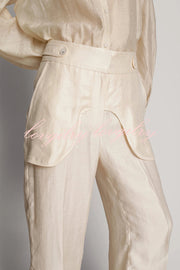 So Chic Linen Blend Buttoned Waist Tiered Pockets Wide Leg Pants