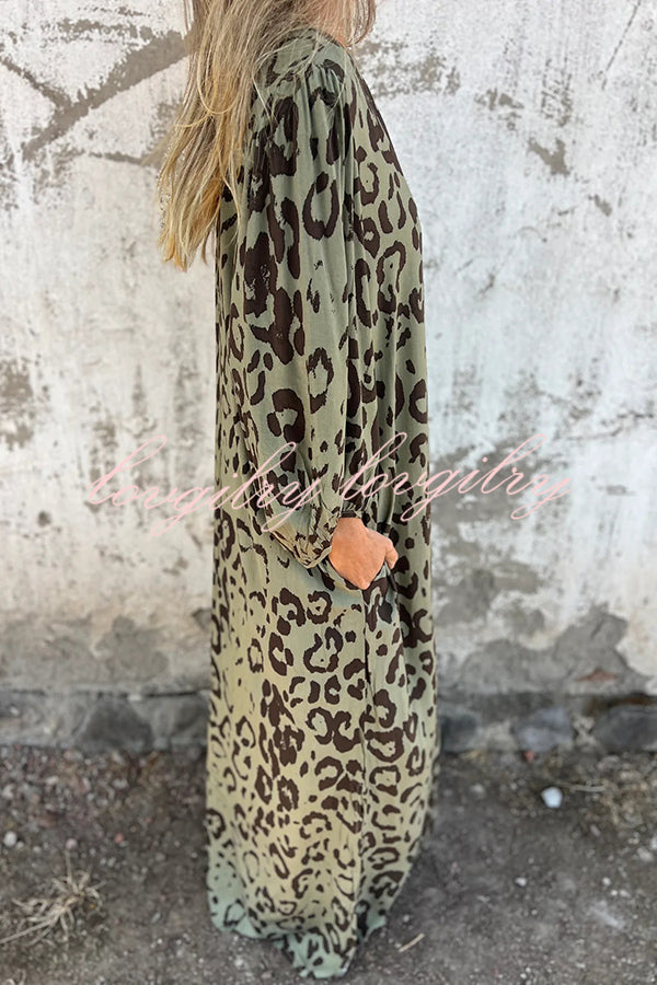 Leopard Print Loose V-neck Pocket Holiday Style Maxi Dress