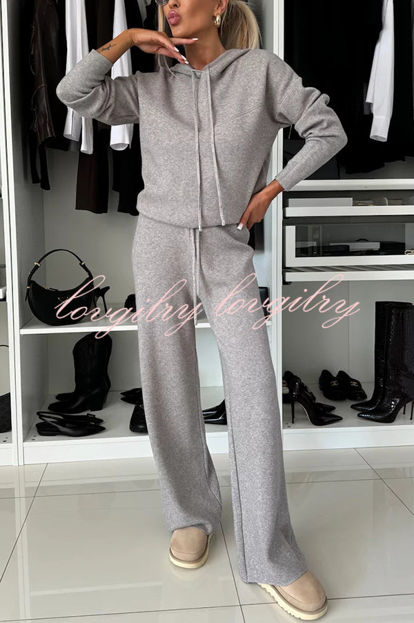 Solid Color Loose Hooded Tie Sweatshirt and Elastic Waist Casual Straight Pants Set