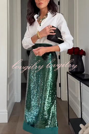 Shimmer Scene Sequin Patchwork Hem High Rise Slit Pencil Midi Skirt