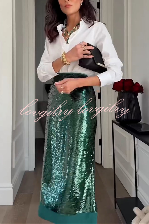 Shimmer Scene Sequin Patchwork Hem High Rise Slit Pencil Midi Skirt