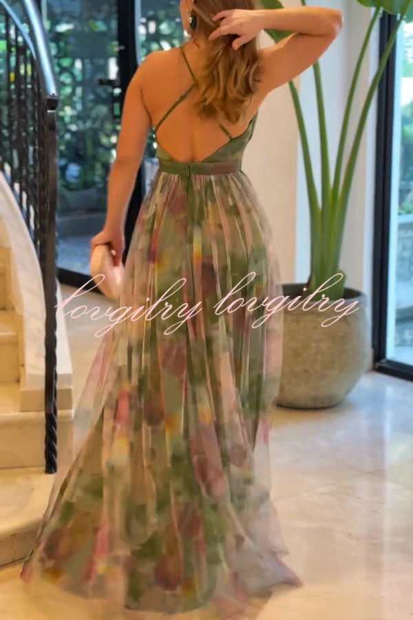 Kerrie Tulle Render Floral Print Cross Back Straps Maxi Dress