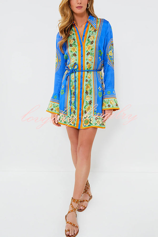 Katia Satin Unique Print Shaped Collar Tie-up Waist Shirt Mini Dress